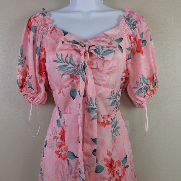 NSR Pink Floral Satin Dress Front Tie Smocked Back Dress Size Medium NWT - Picture 2 of 9